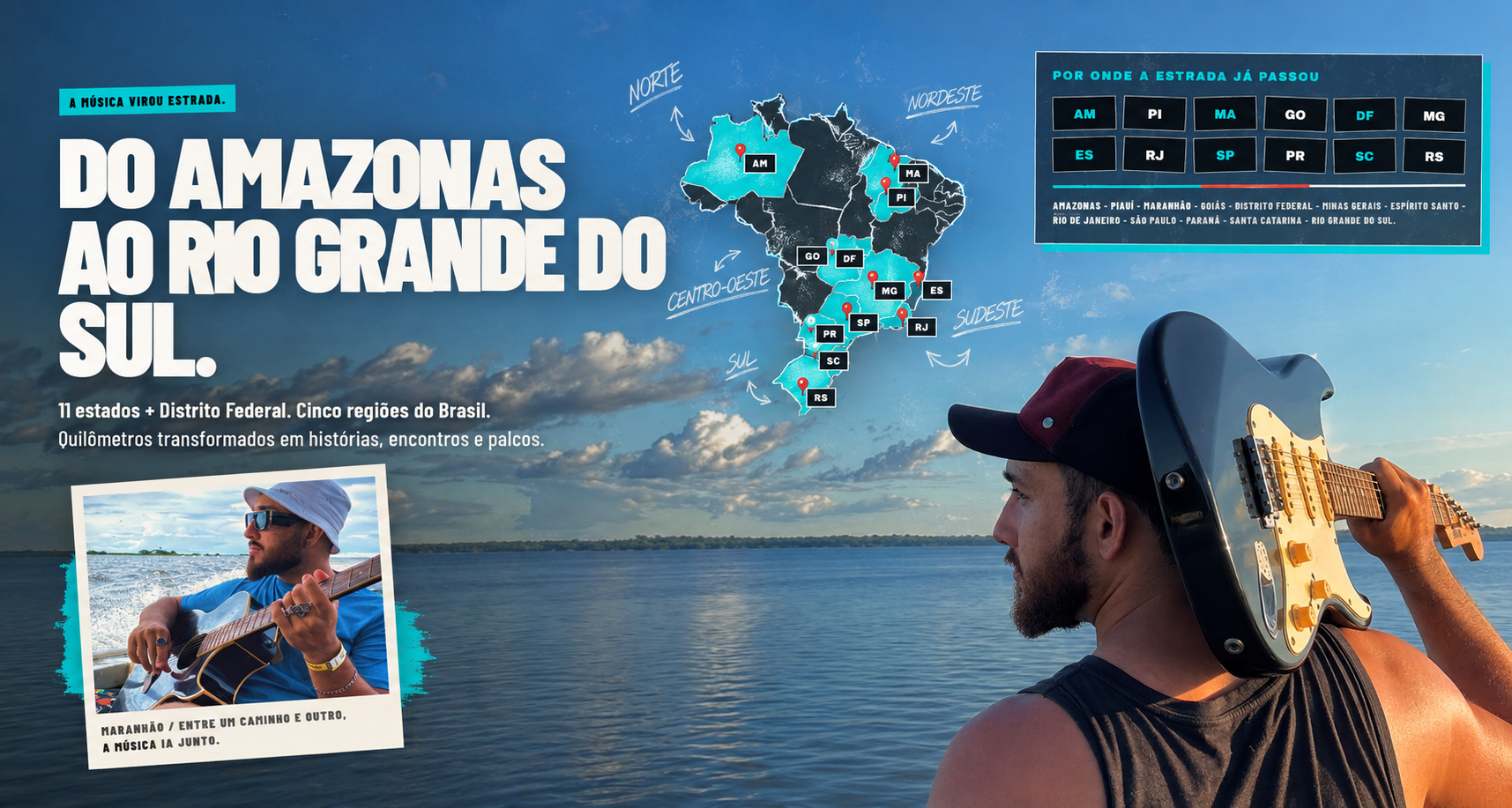Do Amazonas ao Rio Grande do Sul — mapa dos estados brasileiros por onde Eddie Ferreira já passou, com registros reais no Amazonas e Maranhão