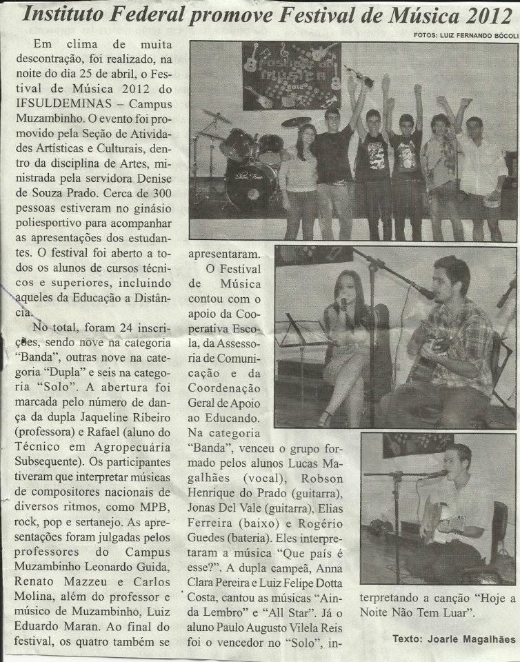 Recorte de jornal sobre o Festival de Música de 2012